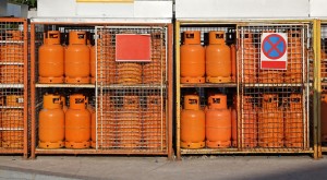 LPG gas cylinders at petrol station warehouse
